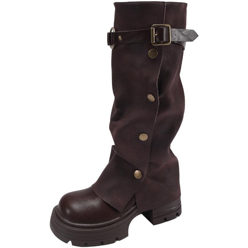 Black retro thick heel platform boots women's shoes 2025 new autumn British style thin but knee trouser boots