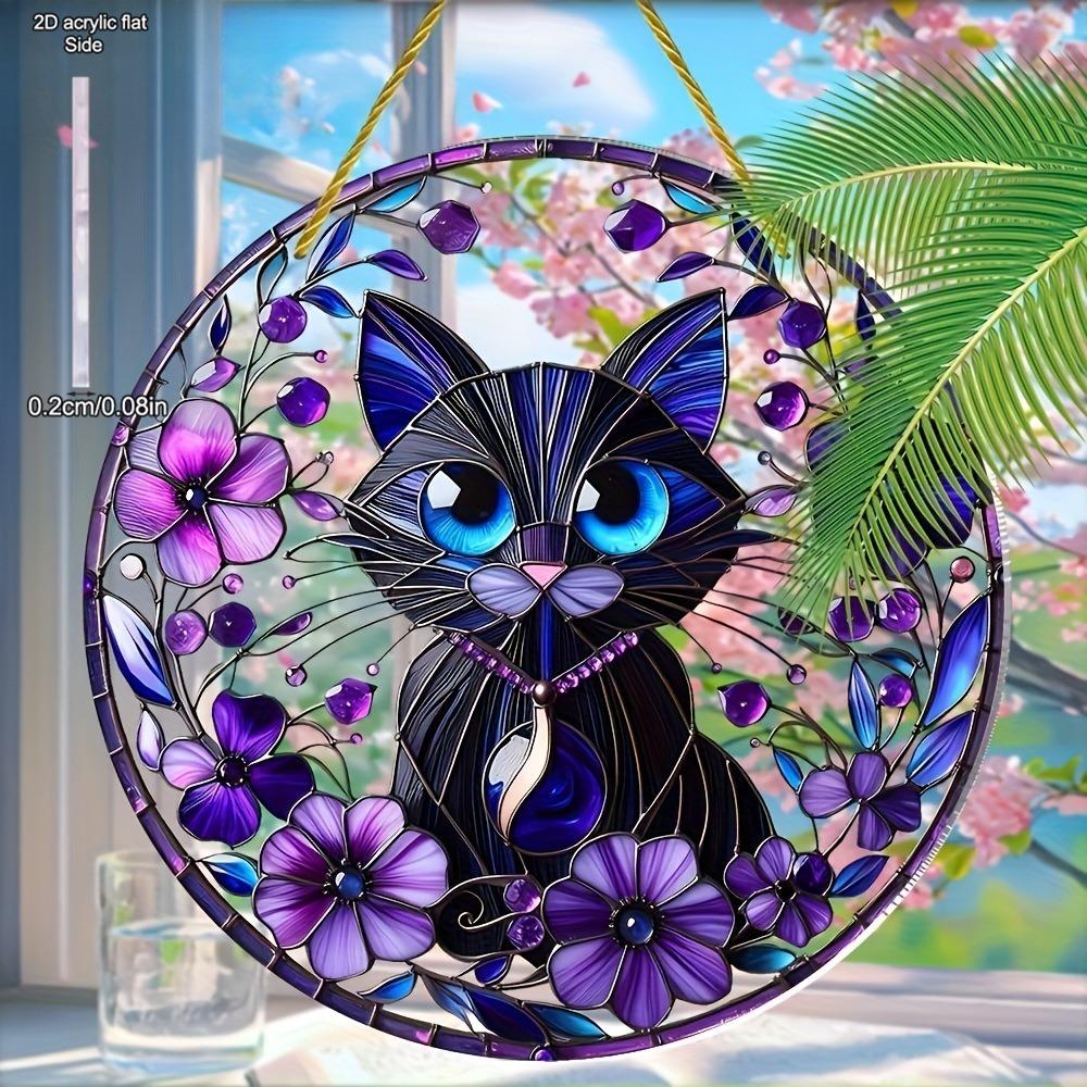Cat & Purple Floral Theme Sun Catcher Acrylic Hang Sign, Nurseries, Vintage Home Decor Wall for Bar Kitchen, Restaurant Shop Wall Decor, Garden Decor