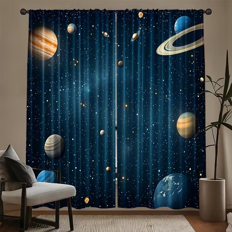 2 Pcs Cosmic planets print curtains,suitable for bedroom,living room kitchen decoration,home decoration,window decoration