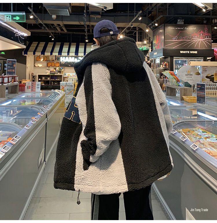 Men's Winter Lambswool Hooded Jacket: Loose, Plush, Trendy Korean Style for Couples.