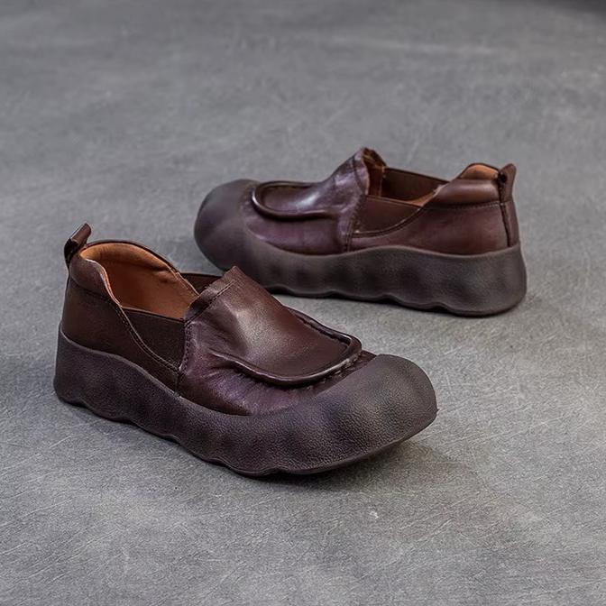 Johnature Genuine Leather Loafers Retro Round Toe Thick Soled Versatile Slip-on Women's Flat Shoes