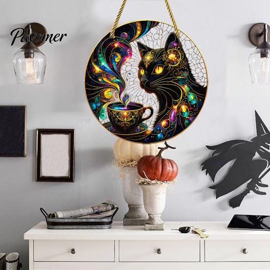 Decorative Window Sun Catcher Stained Glass Style Black Cat And Magic Coffee Cup Hanging Ornament for Wall Handcrafted Artistic Gift Decor,
