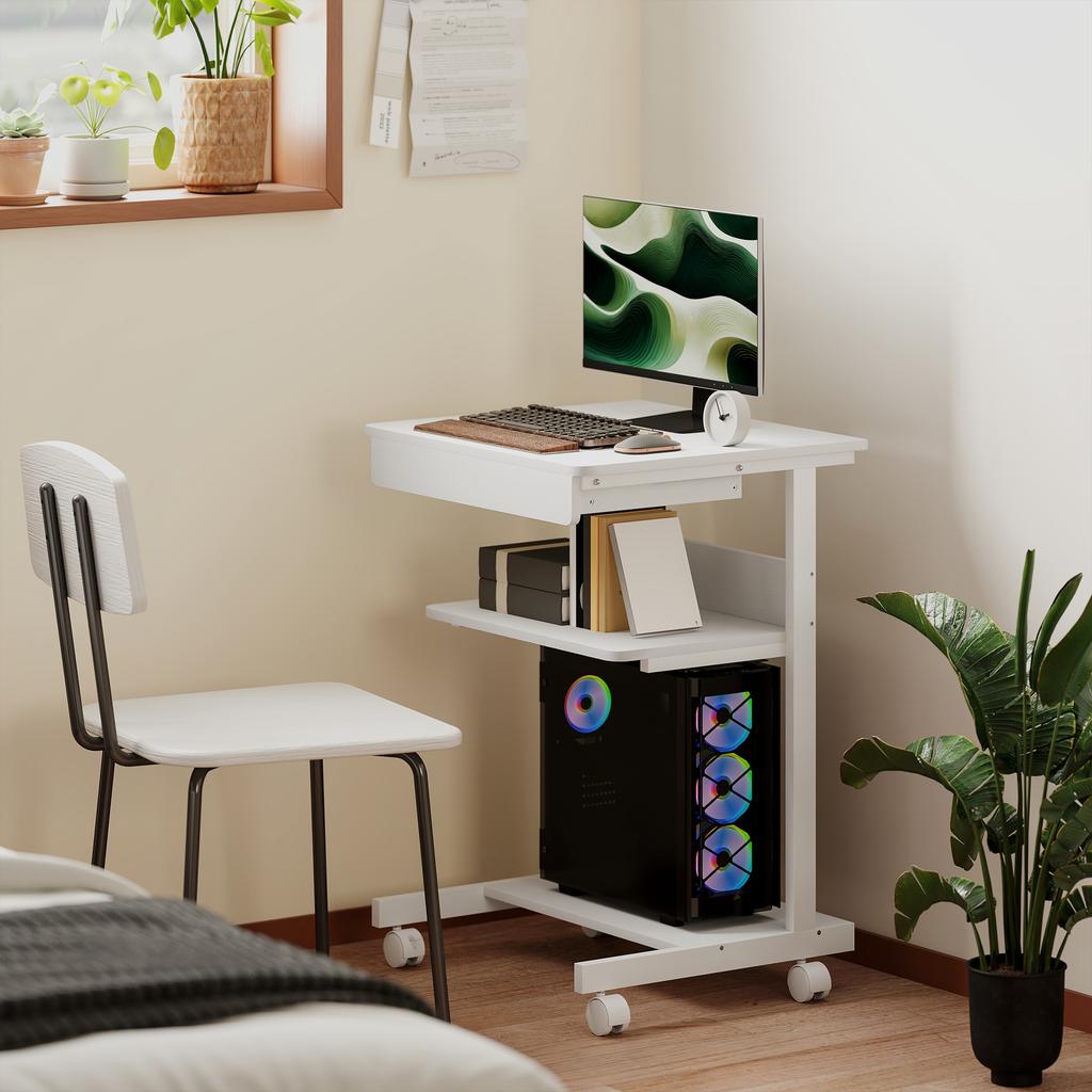Rolling Desk with Drawer and Shelves, 4 Wheels, Compact, Chipboard, Metal