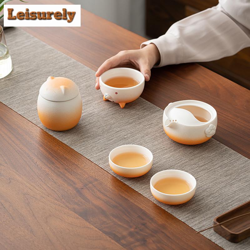 Shiba Inu Barevný přechod Cestovní čajová souprava Sada Ručně vyrobená 1 konvička 3 šálky Čajovar Organizér Přenosná kempingová taška Dekorace Řemeslo