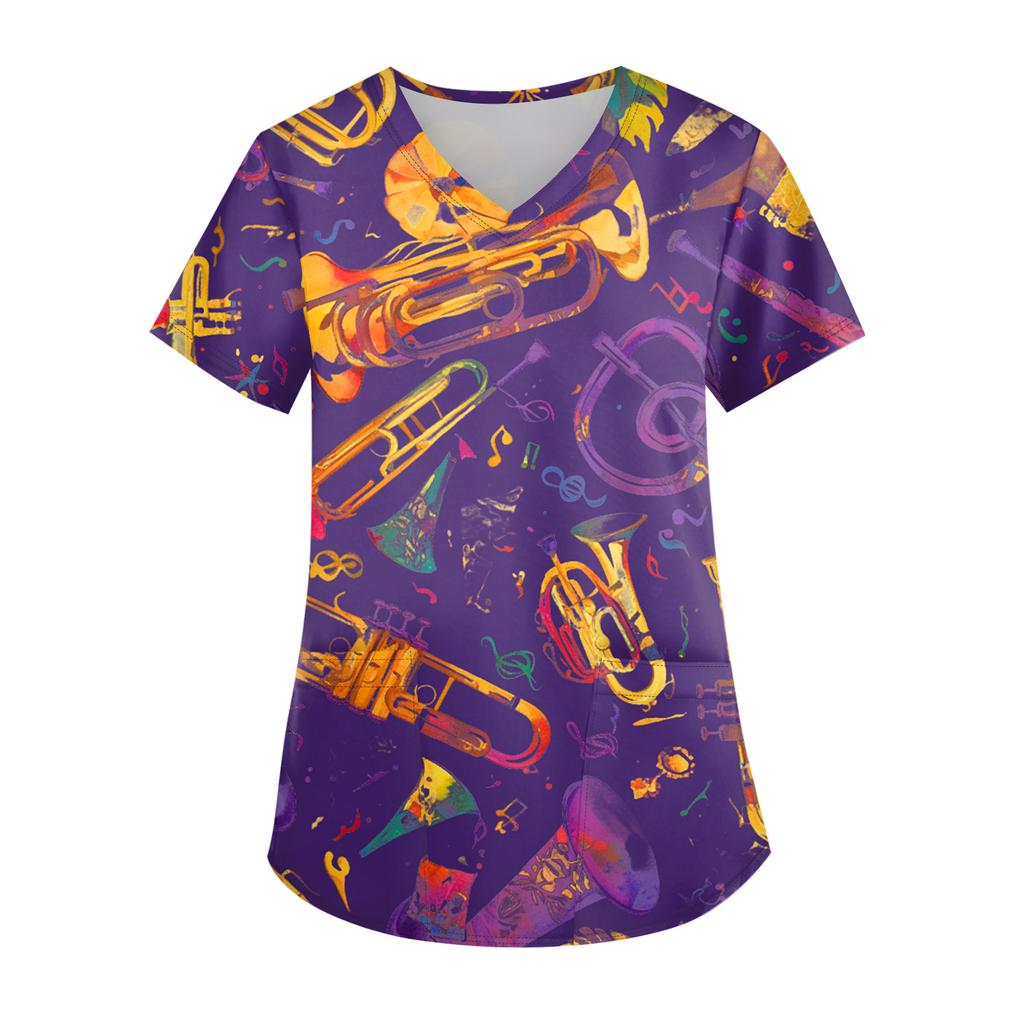 Damen Karneval Bedruckte Mode V-Ausschnitt Tasche Kurzarm Krankenpflege- und Arbeiter-Oberteil