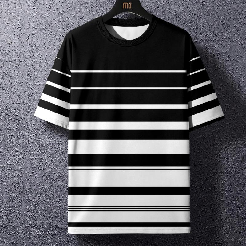 Summer Men's T-Shirt Stripe Print Crew Neck Pullover Business Casual Short Sleeve Tops Middle-Aged And Elderly Oversized Clothes