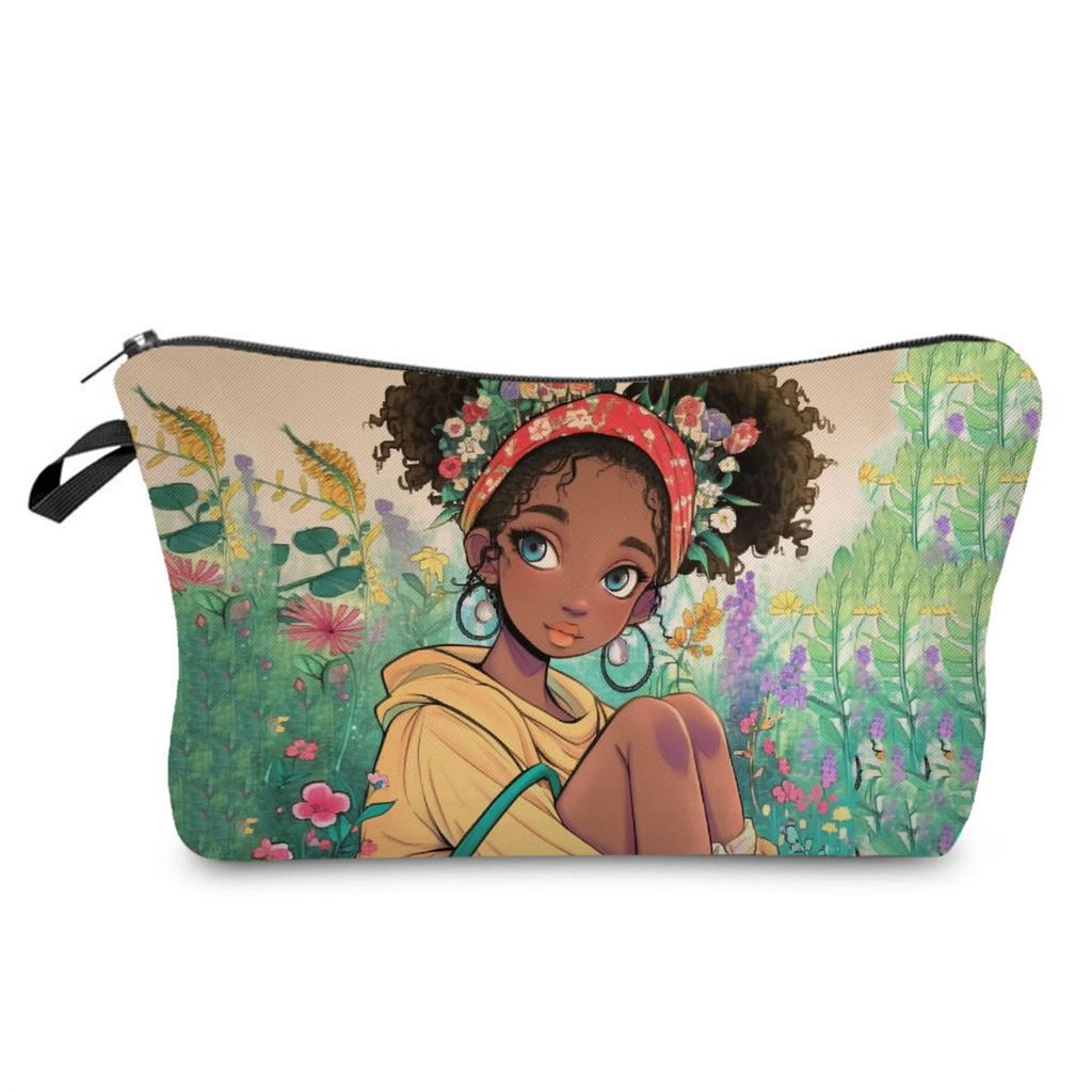 Women Black girl  Print Cosmetic Bag Toiletries Organize Travel Storage Case Bag 6425 KTB