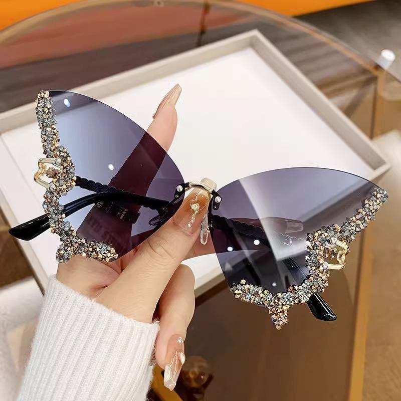 Large Frame Diamond-Encrusted Butterfly Sunglasses Photo Performance Props Glasses Women'S Sunglasses Uv Protection