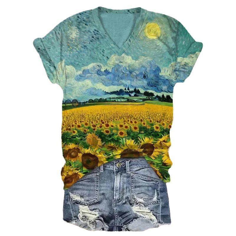 Sommar V-ringad 3D Blommig Tryckt Topp Trendiga Casual Kortärmade Dam T-shirts