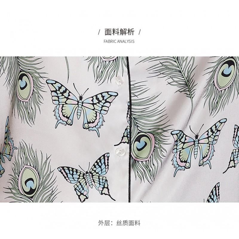 White Peacock Feather Silk Blend Loungewear Set Women Thin Long Sleeve Pajamas