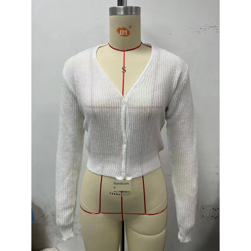 

Fashion Wind Sexy Short Long Sleeves Sunken Stripe Tops Elastic Silm Knitwear Knitted Cardigan Top White S