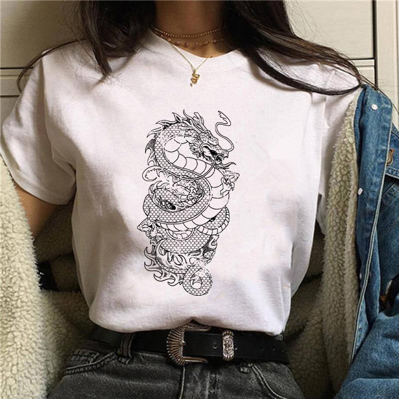 Harajuku Chinese Dragon Print Popular Fashion Trend Largesized Thin Unisexs and Womens Same Shortsleeved Tshirt Graphic