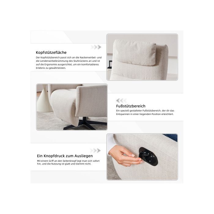 Fauteuil inclinable confortable avec fonction d'inclinaison à plat, fauteuil pivotant et chaise longue, beige