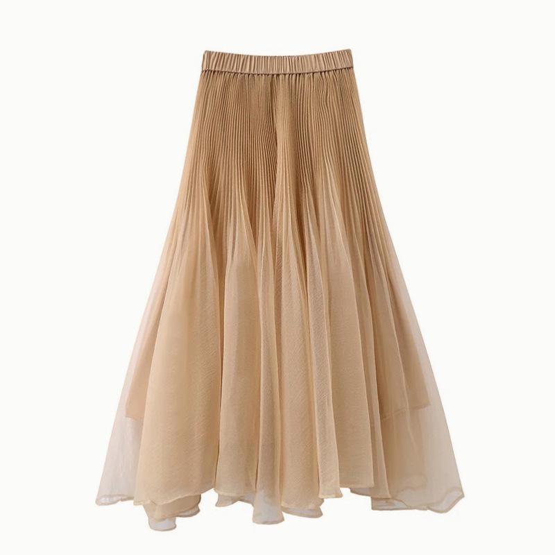 Romantic Gauzy Pleated Fishtail A-line Skirt - Elegant French Style Mid-Length Umbrella Skirt One Size хаки