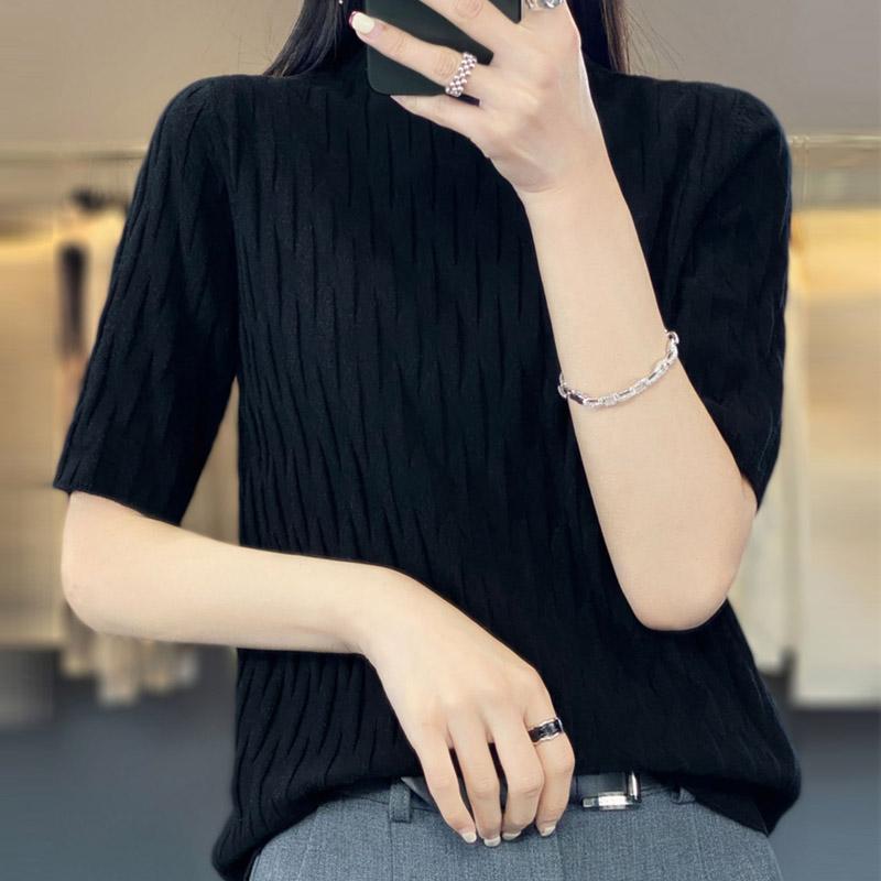 Damen Pullover 2025 Sommer Kurzarm Halber Rollkragen Schwarz Weiß Strickpullover Damen Oberteile Pullover JJ301