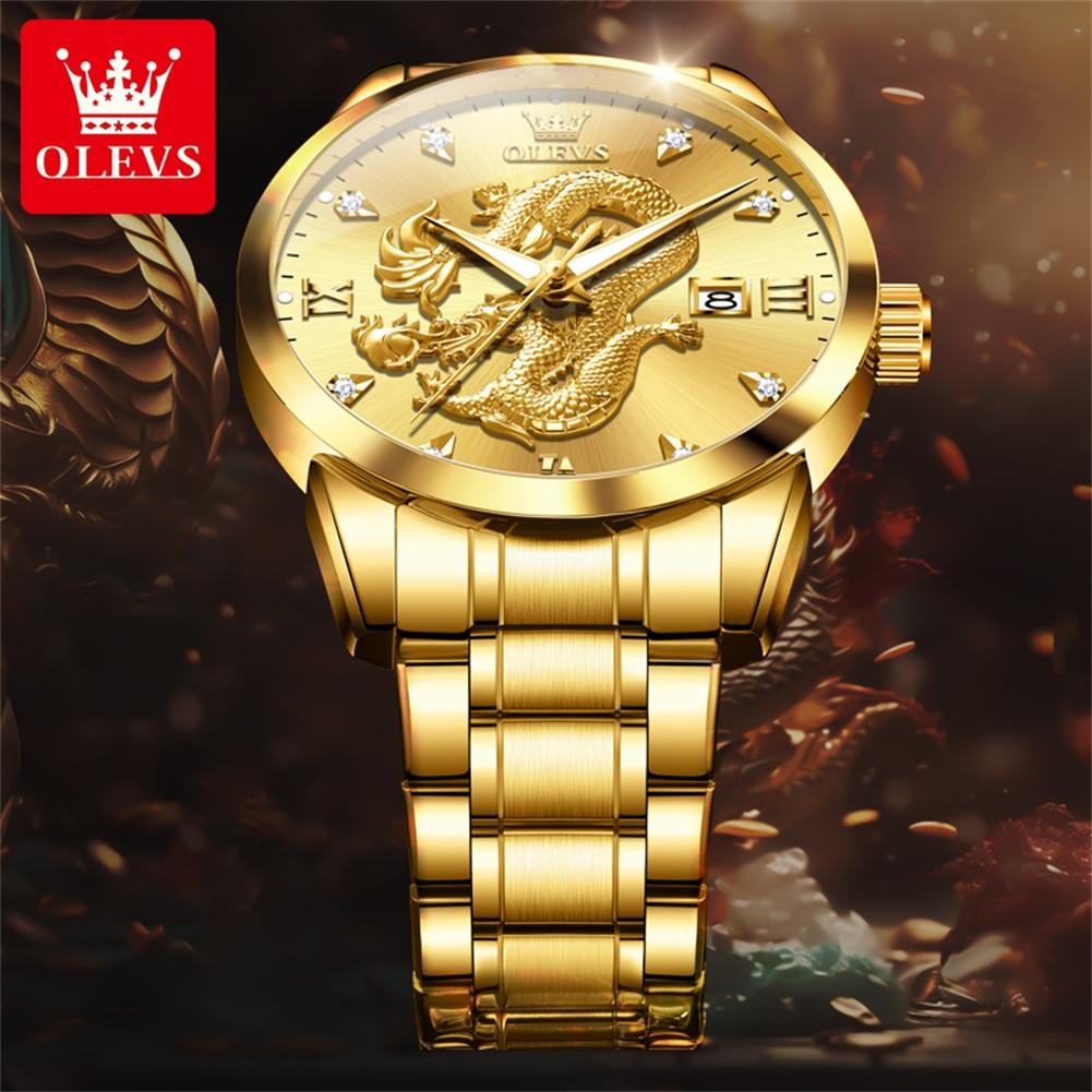 OLEVS Mens Watches Top Brand Luxury China Loong Dragon Dial Gold Quartz Watch for Men Waterproof Luminous Date Fashion Wacth Men