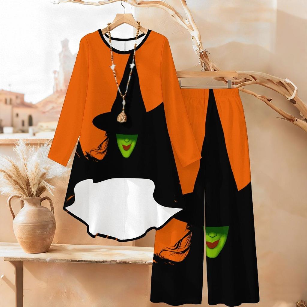 Halloween Print Two Piece Outfit Women Long Sleeve Irregular Hem Tunic Top Wide Leg Pants Casual Matching Set