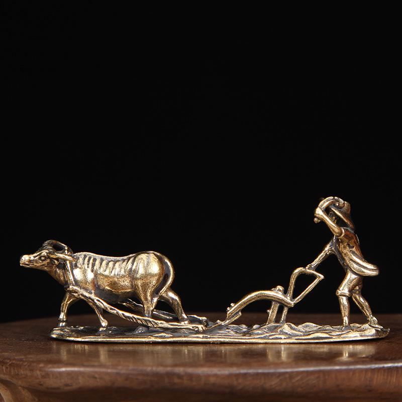 Brass Old Man and Ox Farmer Tea Pet Ornament - Office Desk Decoration
