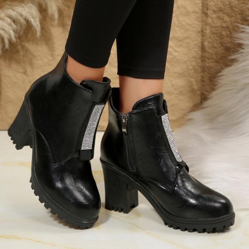 Fashionable New Comfortable Plus Size Sequined High-Heeled Women'S Boots Winter Round Toe Thick Sole Non Slip Casual Work Boots