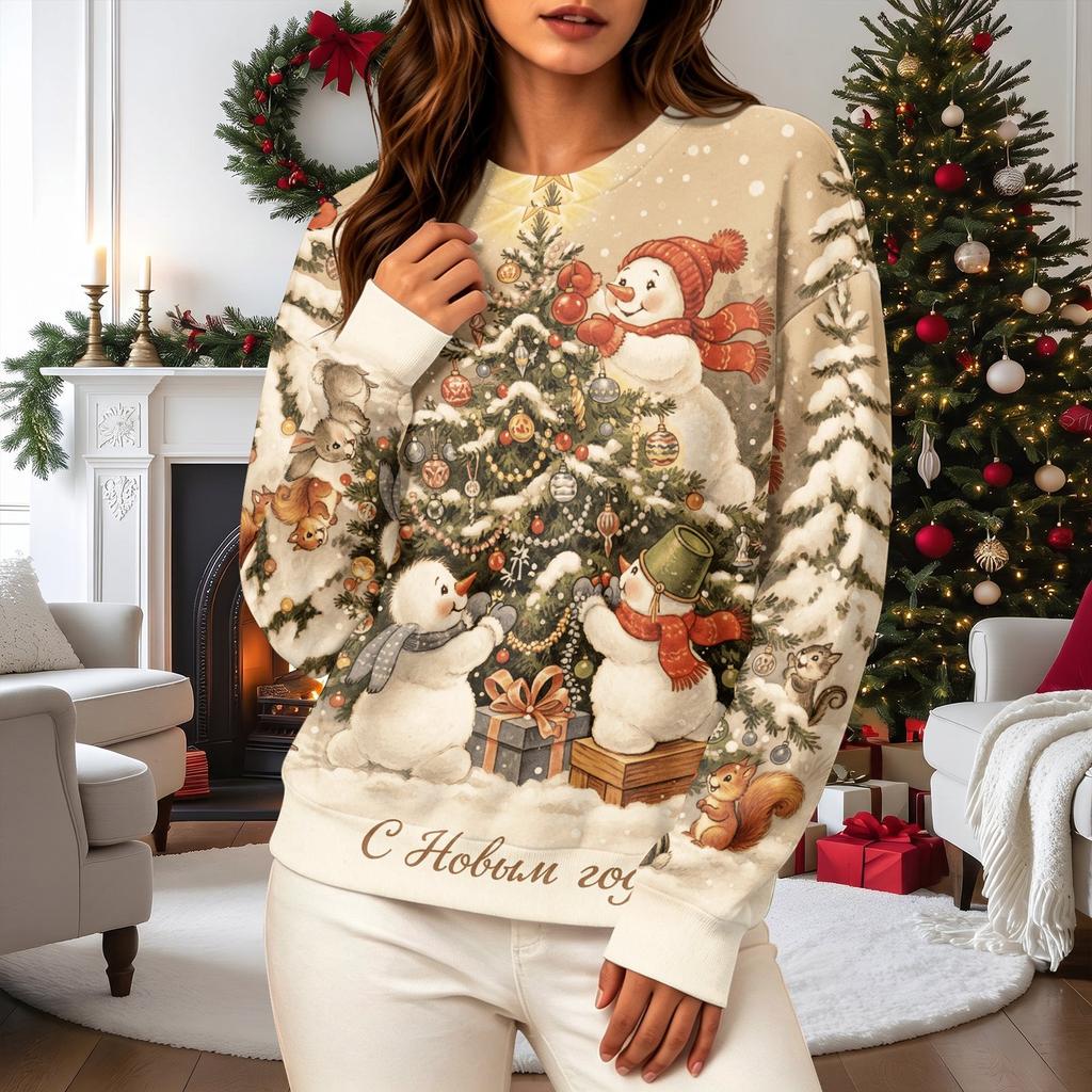 Women's Casual Long Sleeve Christmas Print Neck Pullover Sweatshirt Top