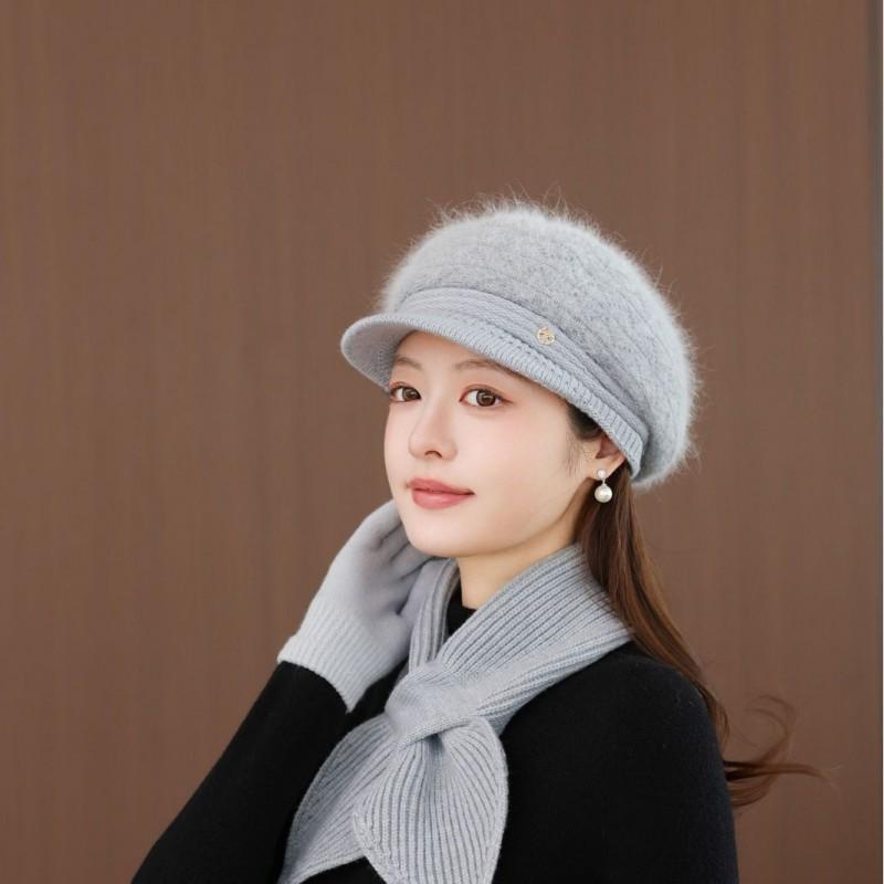 Warm Knit Beanie Hat Women Seniors Rabbit Fur Blend Winter Cap With Adjustable Fit Short Brim
