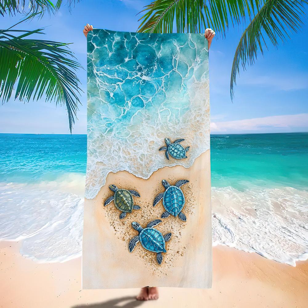 Bohemian Tribal Sea Turtle Beach Towel, Blue Watercolor Background Quick-Dry Towel