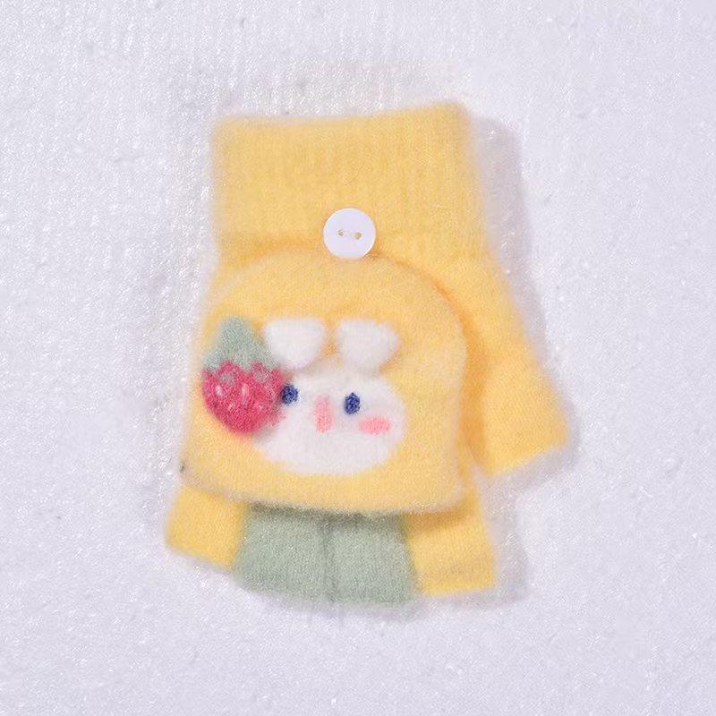 Autumn and winter cartoon children's warm gloves writing bare finger strawberry cold-proof boys and girls half finger flip writing gloves