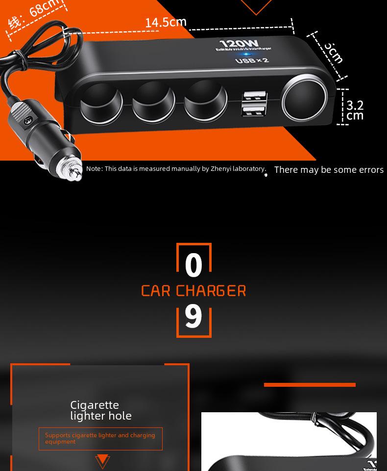 Multi-Function Car Charger: 3-Socket Adapter with Digital Display & Dual USB Ports, 120W