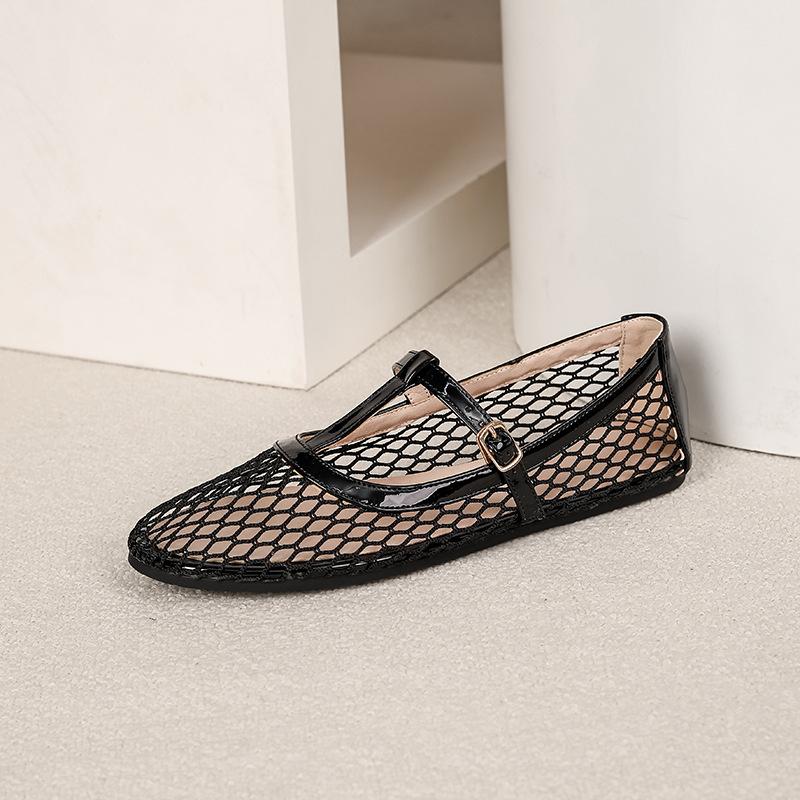 Fishnet Ballet Flats for Women Comfort Dressy Shoes With Ankle Strap Summer Round Closed Toe Mary Jane Shoes Women's Casual Non-Slip Mary Jane Flats