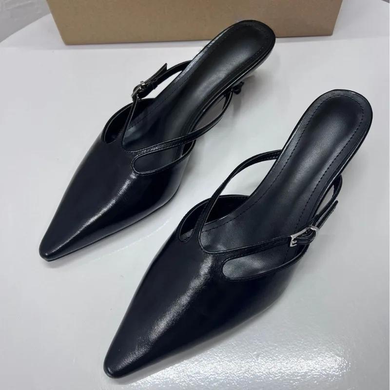 Elegant Pointed Toe Women Mules Shoes Sexy Black Buckle Strap Traf Casual Party Ladies High Heels Sandals  Summer Slingbacks
