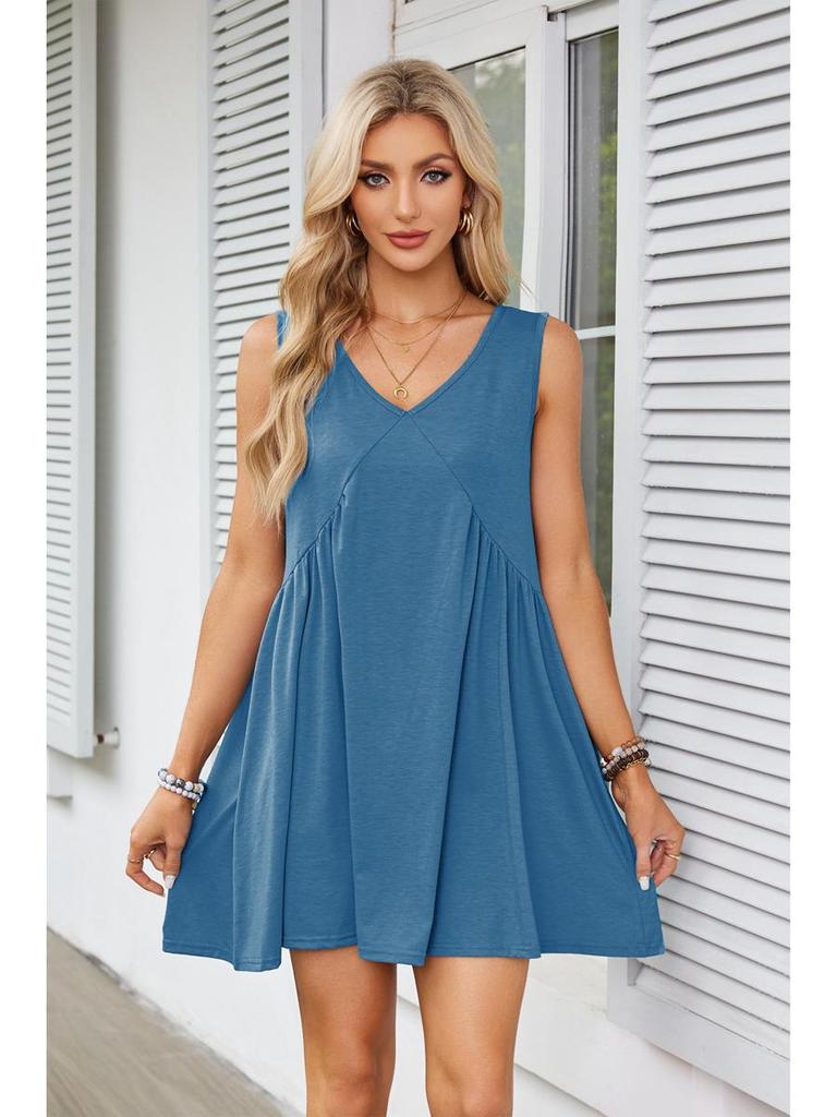 2025 European & American Women's V-Neck Sleeveless Pleated Pocket Dress - Spring/Summer Trend