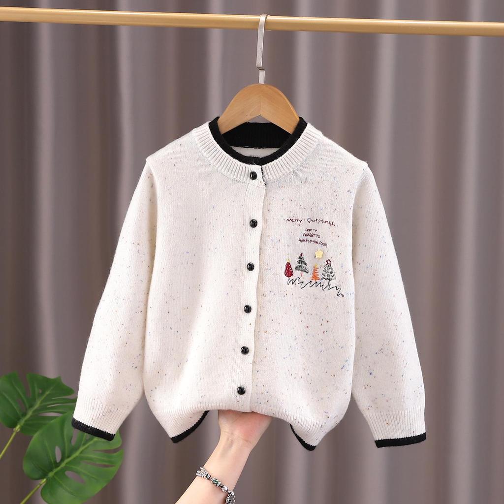 Girls' 2025 Autumn Cardigan - White Knit, Spring & Autumn Style Thin Sweater