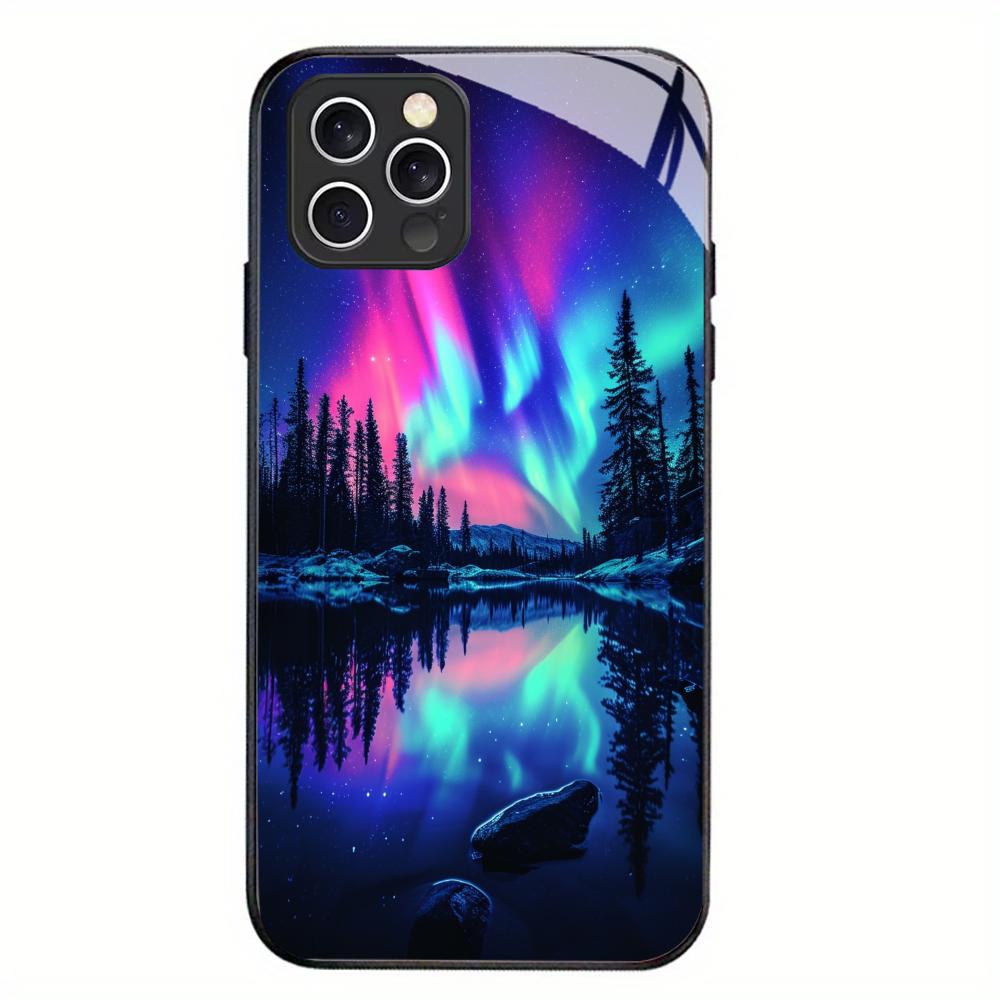 Aurora Night Sky Black Glass Phone Case For iPhone 17 16 15 14 13 12 11 Pro Max Plus Soft Silicone Bumper Anti‑Knock Back Cover