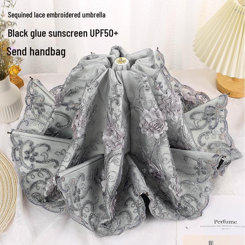 Retro Spetsbroderi UV-Blockerande Svart Paraply - Dubbelanvändbart Solskydd för Kvinnor