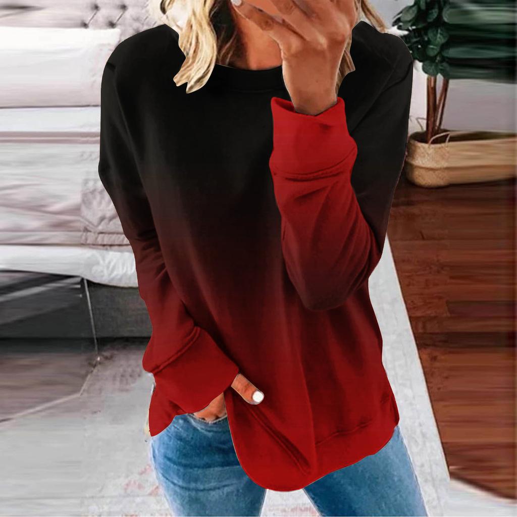 Round Neck 3D Gradient Color Printed Top Fashionable Casual Long Sleeved Women's T-shirts