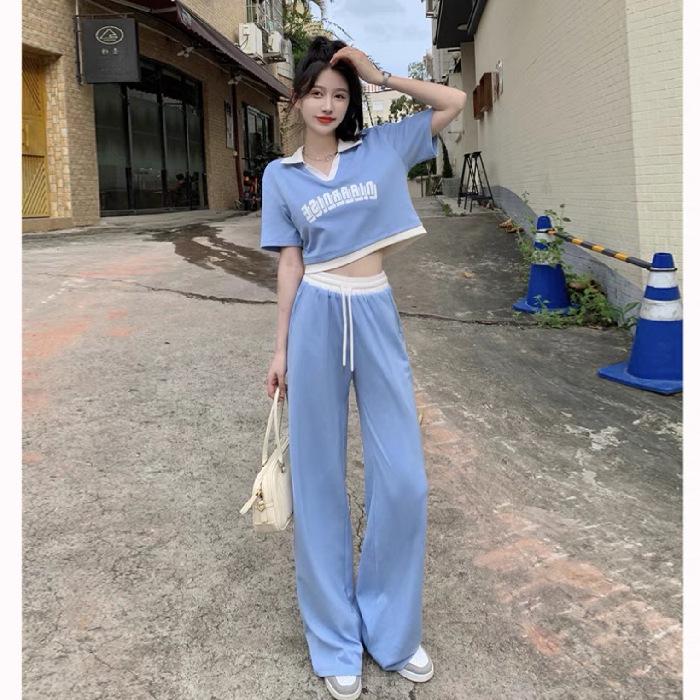 

Женский летний спортивный повседневный костюм-двойка: Рубашка поло и брюки-драп Large