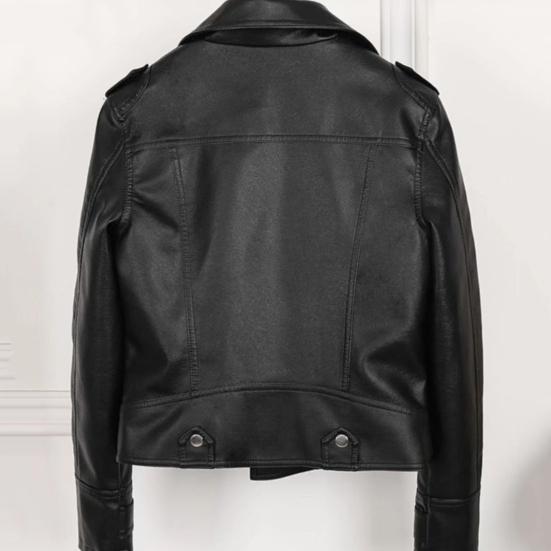 Women Jacket Faux Leather Smooth Surface Turn-down Collar Zip-up Zipper And Rivet Decor