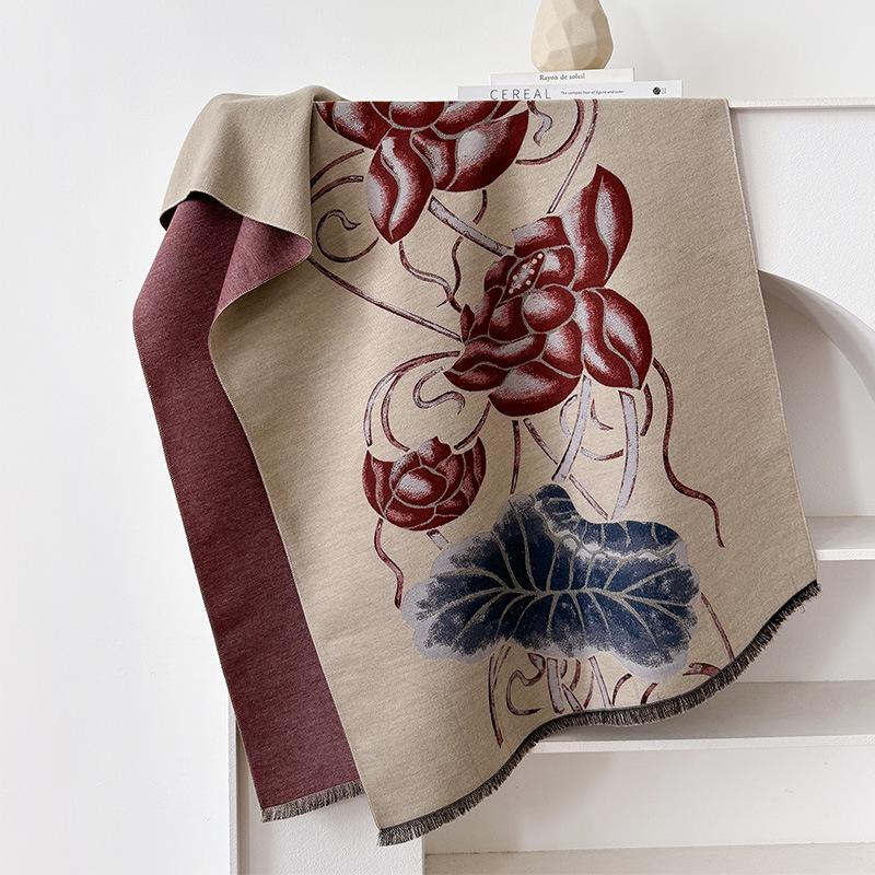 Cachecol de caxemira de imitação lótus cor contrastante dupla face cachecol de caxemira de imitação inverno sensação avançada quente