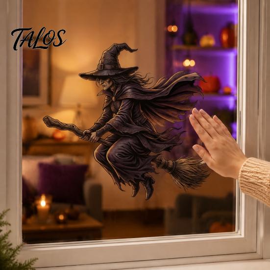 Static Glass Decals Halloween Witch on Broomstick Cling, Themed Window Sticker, Adsorption Stickers Removable Wall Cling for Storefront Windows Doors
