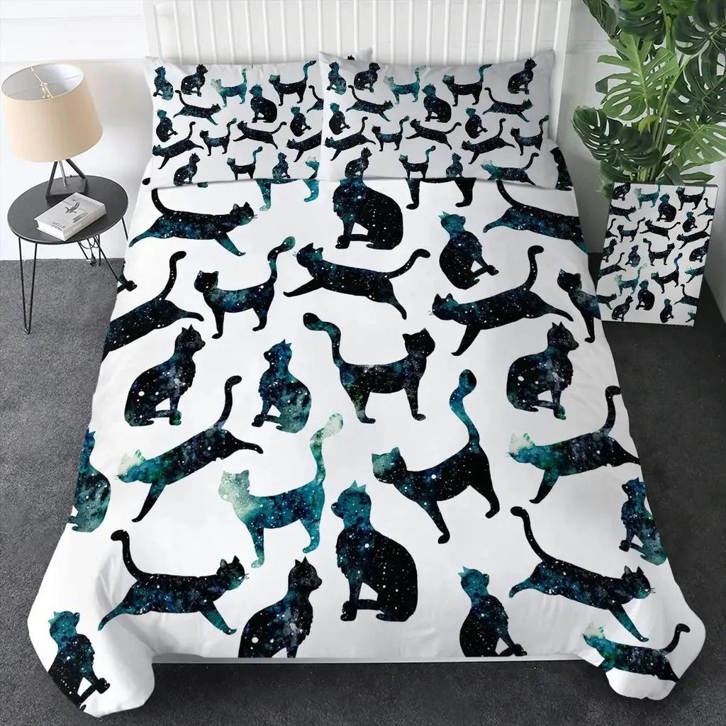 Witch Black Cat Duvet Cover Set Full Vintage Gothic Cat Sitting on Moon Bedding Set for Halloween Decor