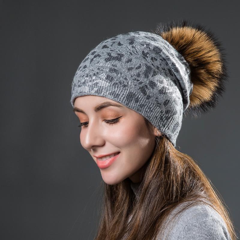 

Женские зимние теплые шапки, модные бронзовые леопардовые шапки с натуральным помпоном, меховые шапки, женская вязаная шерстяная шапка, шапки из енота