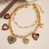 Retro Painted Pattern Love Pendant Necklace, Fashionable Light Luxury Metal Chain Peach Heart Collarbone Chain