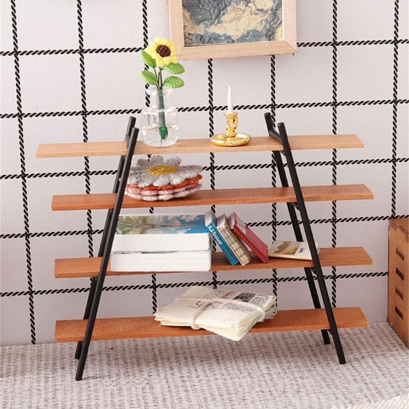 Wooden Display Shelf With 4 Storage Layers For Doll House Accessories 1/12 Scale Miniature Furniture Scene Display Props