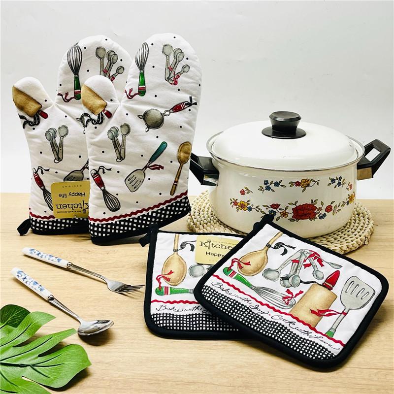 2Pcs/set Vintage Colorful Printed Cotton Heat Resistant Table Placemat With Oven Mitts Baking Glove Kitchen Tool