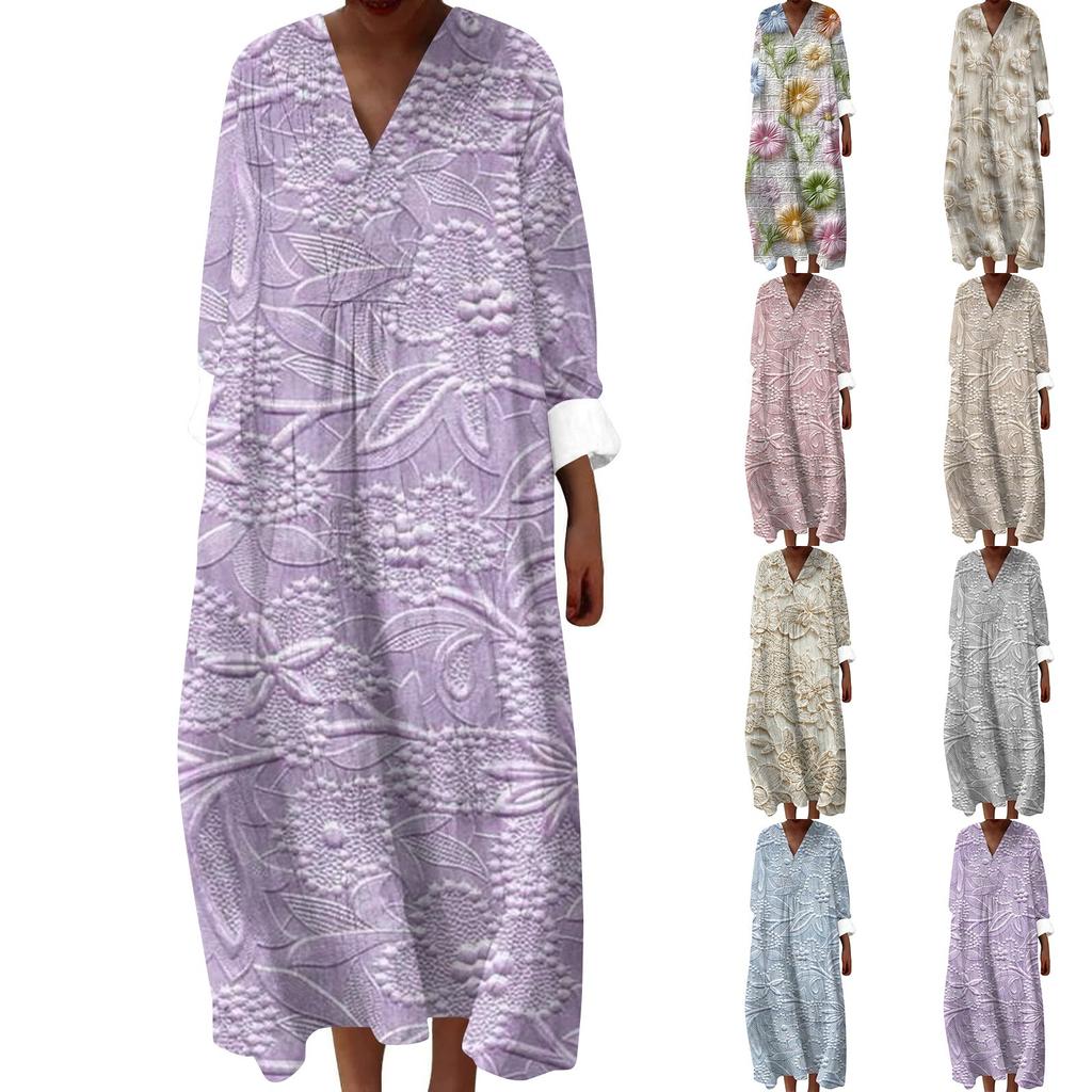 Women's Casual Fashion V-Neck Long Sleeve Textured Print Maxi Dress