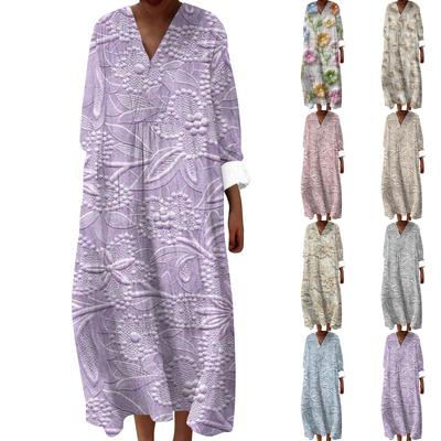 Γυναικείο Φόρεμα Maxi με V-Neck και Στάμπα, σε Μοντέρνο Στυλ, με Μακρυμάνικο Στάμπα και V-Neck