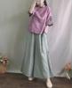 Chinese-Style Retro Cotton-Linen Mid-Sleeve Shirt with Stand-Up Collar and Embroidered Tea Service Design for Women.
