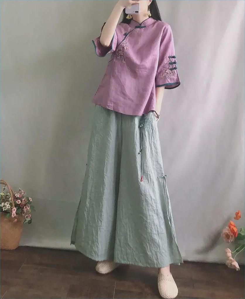 Chinese-Style Retro Cotton-Linen Mid-Sleeve Shirt with Stand-Up Collar and Embroidered Tea Service Design for Women.