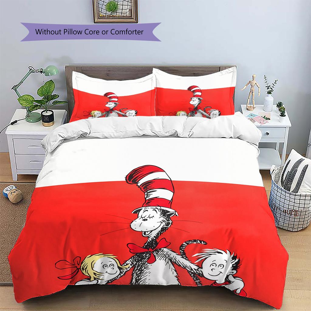 The Cat In the Hat Pattern Bedding Home Decoration Birthday Gift (1 * Duvet Cover + 2 * Pillowcase, Without Core)