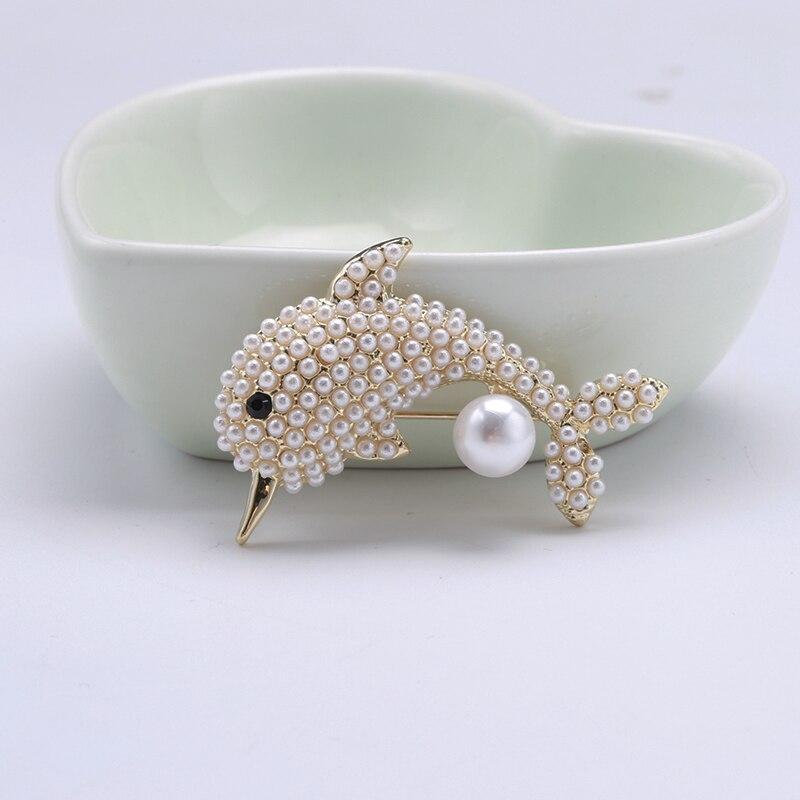 Blucome Lively Pearl Dolphin Shape Yellow Enamel Brooches For Women Kids Coat Collar Scarf Clothes Pins Accessories